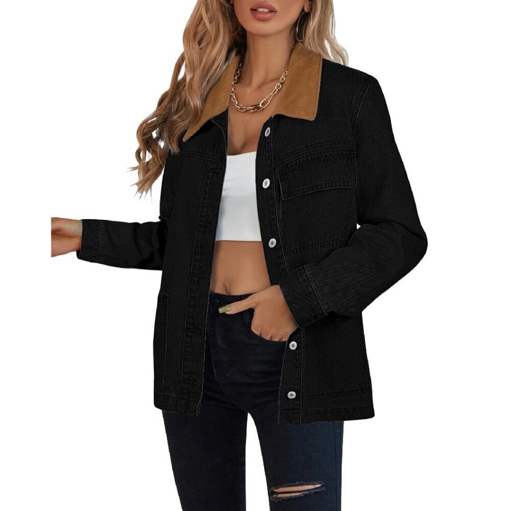 Women's Denim Barn Jacket Corduroy Collar Loose Fit Button Down Casual